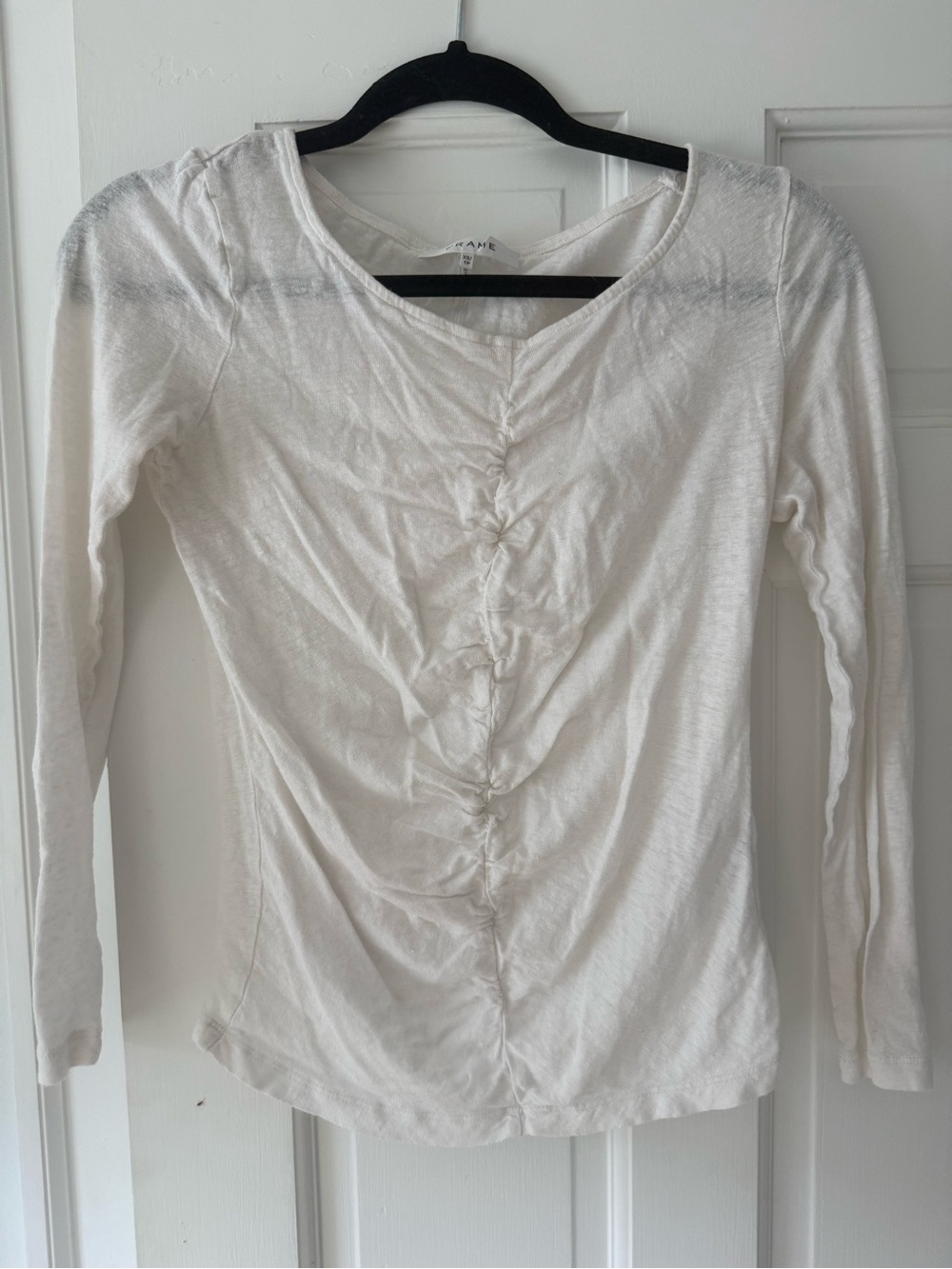 Frame Denim Linen Ruched-Front Long Sleeve Top